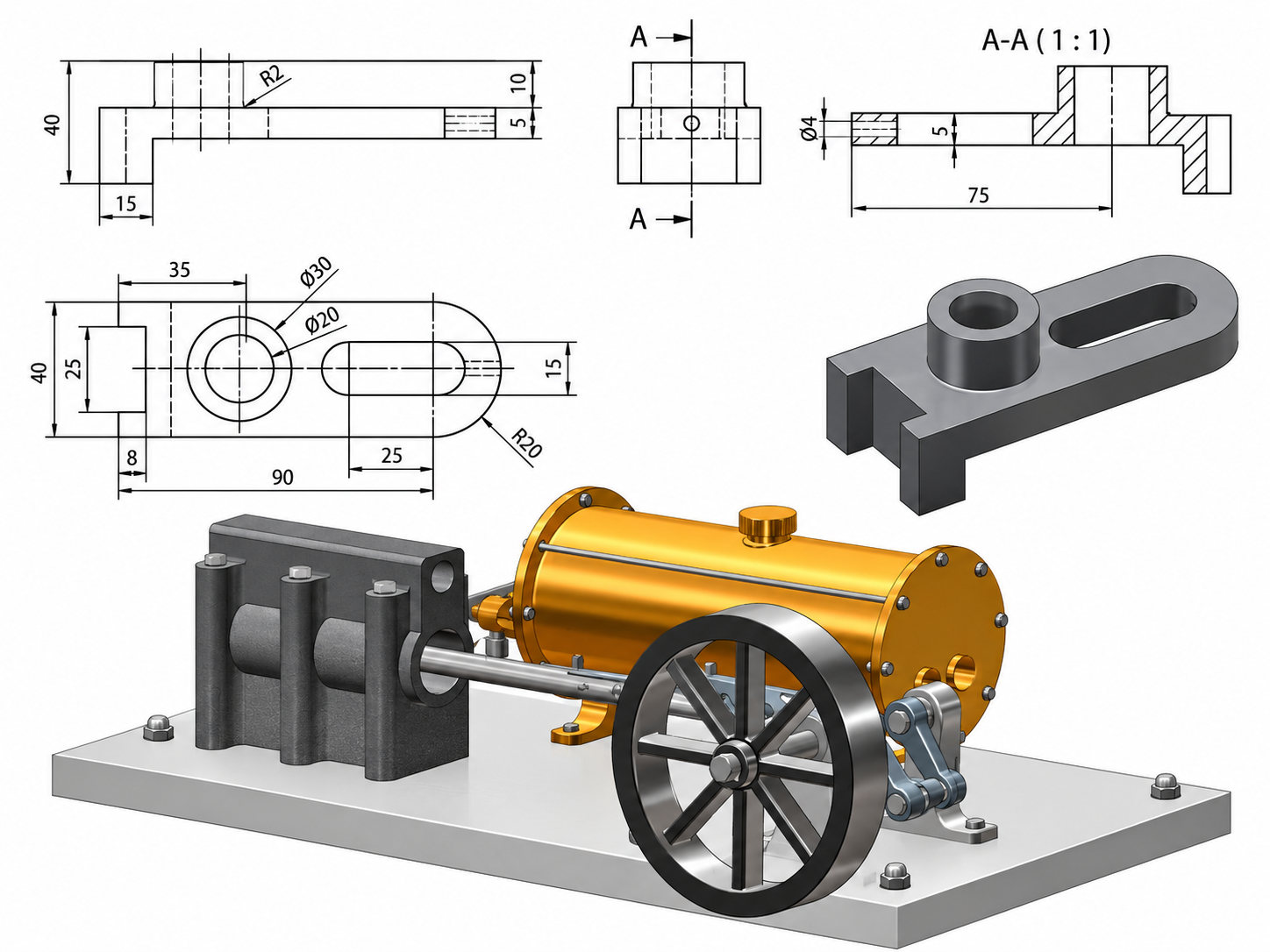 Technische Zeichnungen, CAD-Modell und Dampfmaschinenmodell